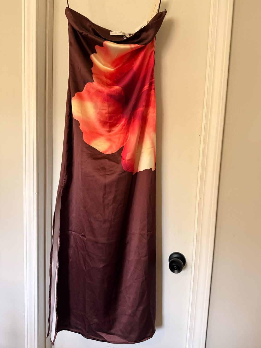 Burgundy Strapless Satin Maxi - Altar’d State “Stormi” Style
